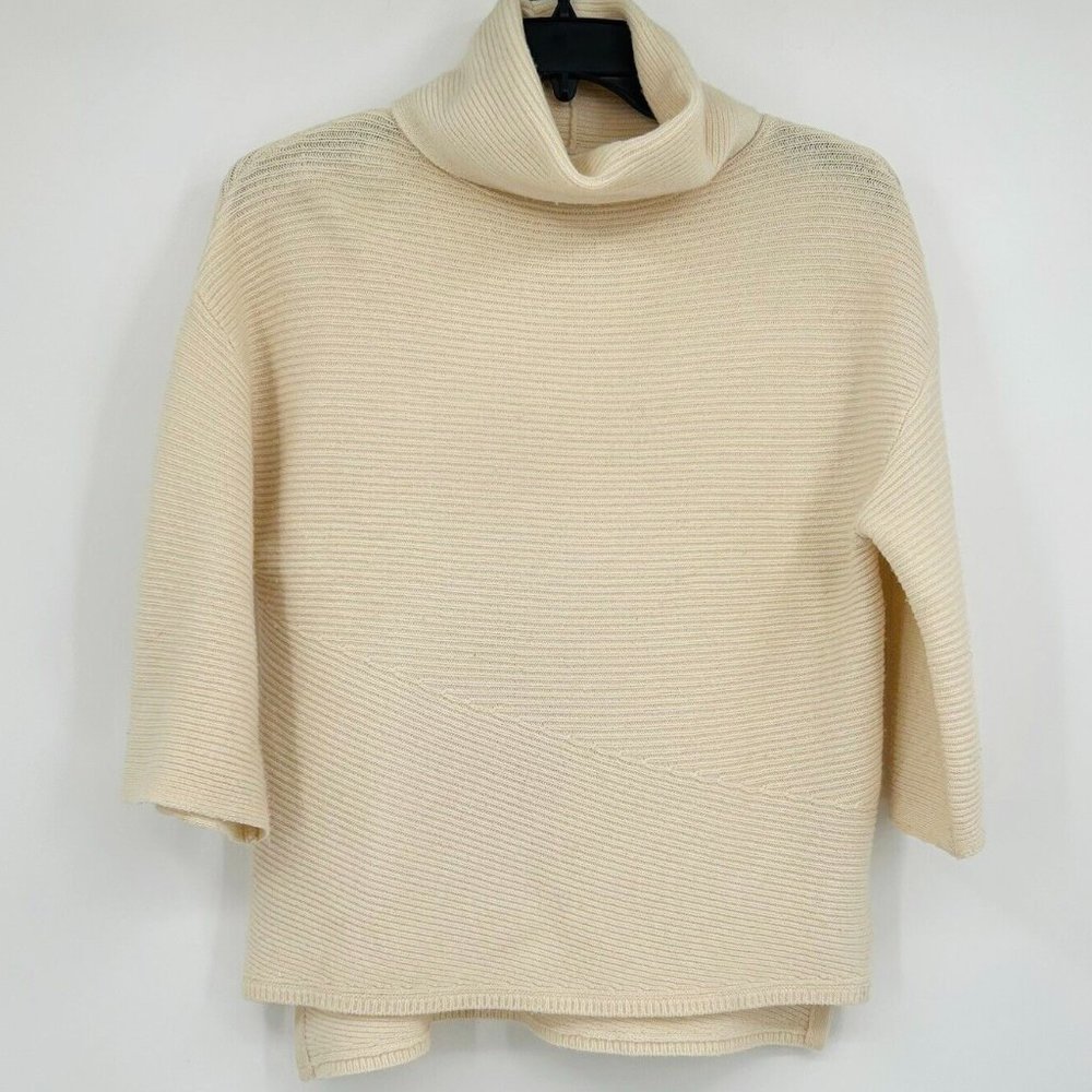 NWT Halogen Ivory Cream Cashmere Blend Wool Turtleneck 3/4 Sleeve Sweater XXS/XS